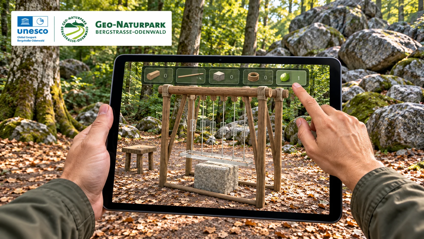 Roman Workshop handheld AR saw experience at Felsenmeer, developed for the UNESCO Global Geopark